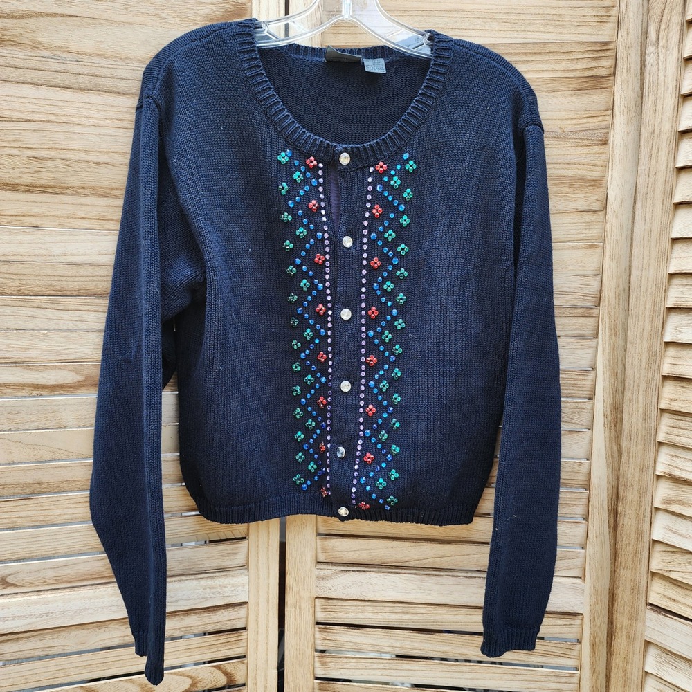 Vintage Lizwear Petite Medium Rhinestone Navy Blue 100% Cotton Beaded Cardigan
